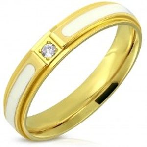 Ocelový prsten - lesklý povrch zlaté barvy, bílá glazura a zirkon, 4 mm J06.19