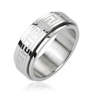 Ocelový prsten - otáčivý střed, řecký klíč, stříbrná barva K15.7