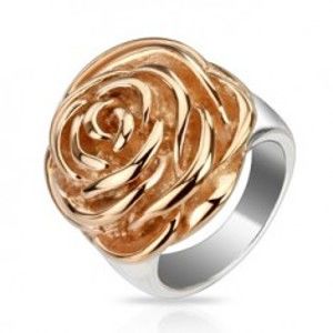 Ocelový prsten - rozkvetlý květ růže měděné barvy L1.09
