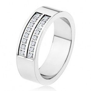 Ocelový prsten - stříbrná barva, lesklý, dvojitá linie čirých zirkonů SP18.12