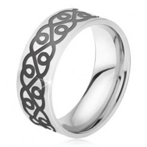 Ocelový prsten - stříbrná obroučka, tlustý černý ornament, srdce BB17.02
