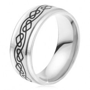 Ocelový prsten - stříbrná obroučka, tenká gravírovaná zvlněná linie, srdce BB15.01