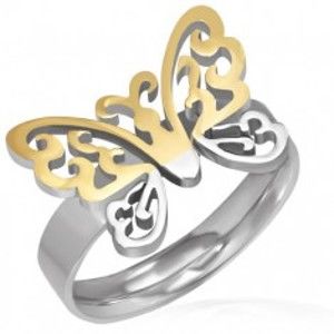 Ocelový prsten - vyřezávaný zlato-stříbrný motýl E4.6
