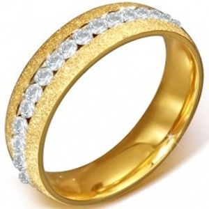 Ocelový prsten - zlatá pískovaná obroučka, kulaté čiré zirkonky BB3.4