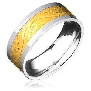 Ocelový prsten - zlato-stříbrný s motivem spirál ve vlnce B8.03