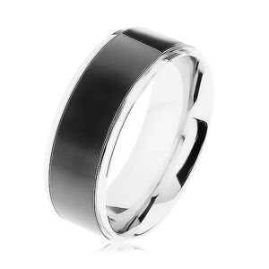 Ocelový prsten, černý pruh, lemy stříbrné barvy, vysoký lesk - Velikost: 68