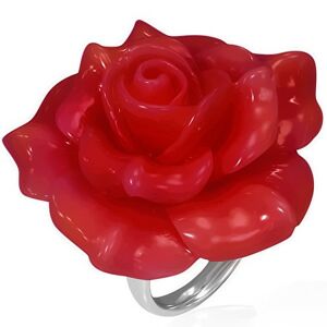 Ocelový prsten - červená rozkvetlá růže, živice - Velikost: 54