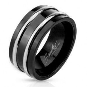Ocelový prsten černé barvy - dvě tenké lesklé obruče stříbrné barvy BB14.18