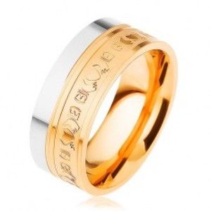 Ocelový prsten, dvoubarevný - stříbrný a zlatý odstín, ornamenty, 8 mm HH12.9