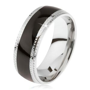 Ocelový prsten, lesklý černý středový pás, rýhované okraje - Velikost: 62
