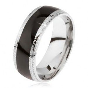 Ocelový prsten, lesklý černý středový pás, rýhované okraje BB16.07