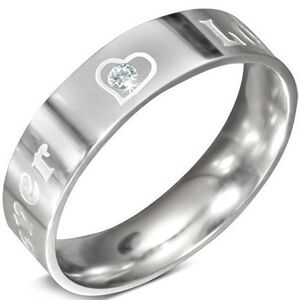 Ocelový prsten - nápis FOREVER LOVE a zirkon, 6 mm - Velikost: 54