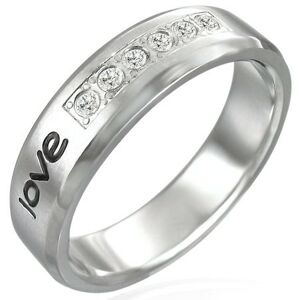 Ocelový prsten - nápis "love", šest zirkonů - Velikost: 56