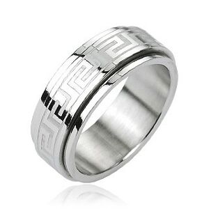 Ocelový prsten - otáčivý střed, řecký klíč, stříbrná barva - Velikost: 64