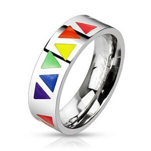 Ocelový prsten s barevnými trojúhelníky na stříbrném podkladu - Velikost: 57