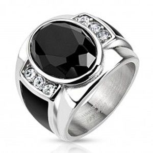 Ocelový prsten s černým broušeným oválem, čirými zirkony a černými pásy AB09.01
