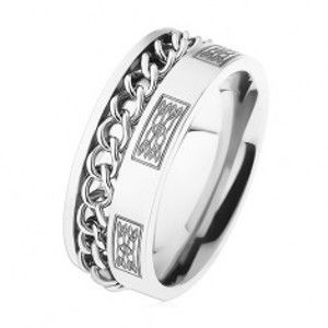 Ocelový prsten s řetízkem, stříbrná barva, ornamenty HH9.10