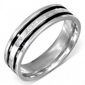 Ocelový prsten s vyznáním lásky, čirý zirkon, černé rýhy BB4.10