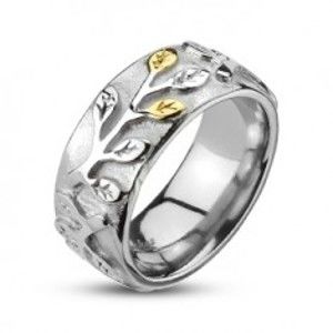 Ocelový prsten se zlato-stříbrnými lístky a patinou B4.01
