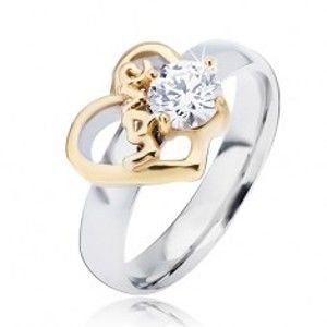 Ocelový prsten se zlatým obrysem srdce a čirým zirkonem, Love L13.01