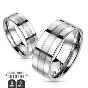 Ocelový prsten - stříbrná obroučka se dvěma rýhami, matně-lesklá - Velikost: 65