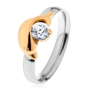 Ocelový prsten stříbrné a zlaté barvy, delfín a třpytivý čirý zirkon - Velikost: 57