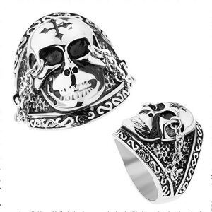 Ocelový prsten stříbrné barvy, lesklá lebka s křížem, řetízky, patina - Velikost: 69