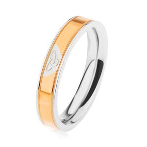 Ocelový prsten stříbrné barvy, lesklý pás ve zlatém odstínu, keltský uzel - Velikost: 57