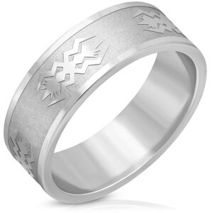 Ocelový prsten stříbrné barvy - matný pás, lesklé hrany, motiv, 8 mm - Velikost: 56
