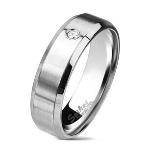 Ocelový prsten stříbrné barvy, matný pás s čirým zirkonem, 6 mm - Velikost: 52