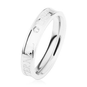 Ocelový prsten stříbrné barvy, vyhloubený střed, čirý zirkonek, ETERNAL LOVE - Velikost: 57