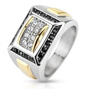 Ocelový prsten stříbrné a zlaté barvy, černé a čiré zirkony, obdélníky S82.20