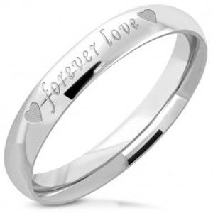 Ocelový prsten stříbrné barvy - lesklý povrch, matný nápis "forever love", 3,5 mm L15.07