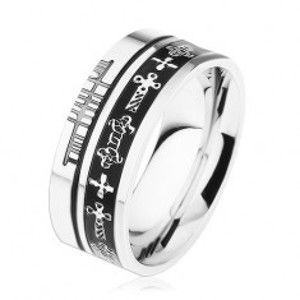 Ocelový prsten stříbrné barvy, černé proužky, keltské symboly HH11.13