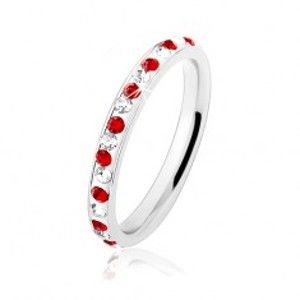 Ocelový prsten stříbrné barvy, čiré a červené zirkonky, bílá glazura HH17.13