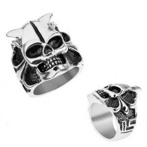 Ocelový prsten stříbrné barvy, lebka s rohy, srdce, kuličky, hranaté linie T18.15