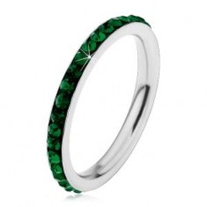 Ocelový prsten stříbrné barvy, blýskavé tmavě zelené zirkonky H2.17