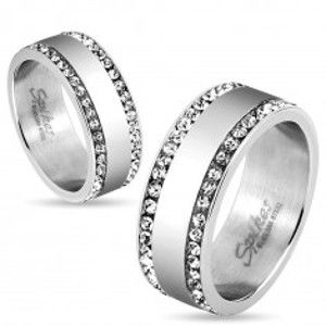 Ocelový prsten stříbrné barvy, okraje vykládané čirými zirkonky, 8 mm HH14.15