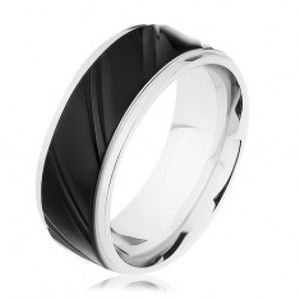 Ocelový prsten stříbrné barvy s černým pásem, šikmé zářezy  HH9.17