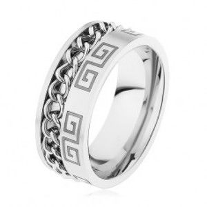 Ocelový prsten stříbrné barvy, zářez s řetízkem, řecký klíč HH8.8