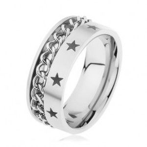 Ocelový prsten stříbrné barvy zdobený řetízkem a hvězdičkami HH10.2