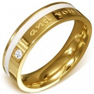 Ocelový prsten ve zlaté barvě - čirý kámen, bílý pás a nápis "I and you" E8.8