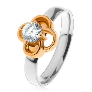 Ocelový prsten ve stříbrném odstínu, kvítek zlaté barvy s čirým zirkonem - Velikost: 49