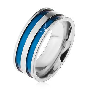 Ocelový prsten ve stříbrném odstínu, tenké vyhloubené pásy modré barvy, 8 mm - Velikost: 70