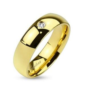 Ocelový prsten ve zlatém odstínu, lesklý hladký povrch, čirý zirkonek, 6 mm - Velikost: 70