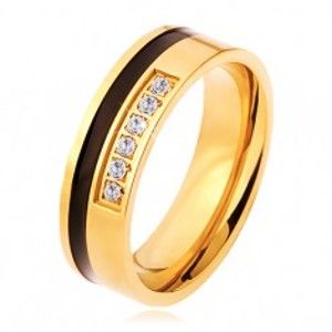 Ocelový prsten zlaté a černé barvy, ozdobná linie čirých zirkonů SP32.17