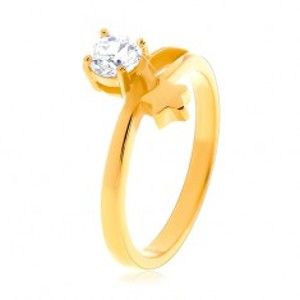 Ocelový prsten zlaté barvy, hvězda a kulatý čirý zirkon K07.08