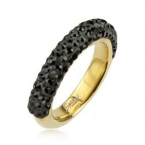 Ocelový prsten zlaté barvy zdobený černými zirkony E5.17