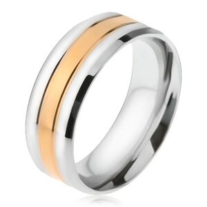 Ocelový prsten, zlatý a dva stříbrné pásy, zešikmené okraje - Velikost: 69