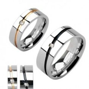 Ocelové snubní prsteny stříbrný, zlatý pruh, černý pruh se zirkonem D13.9/D13.10